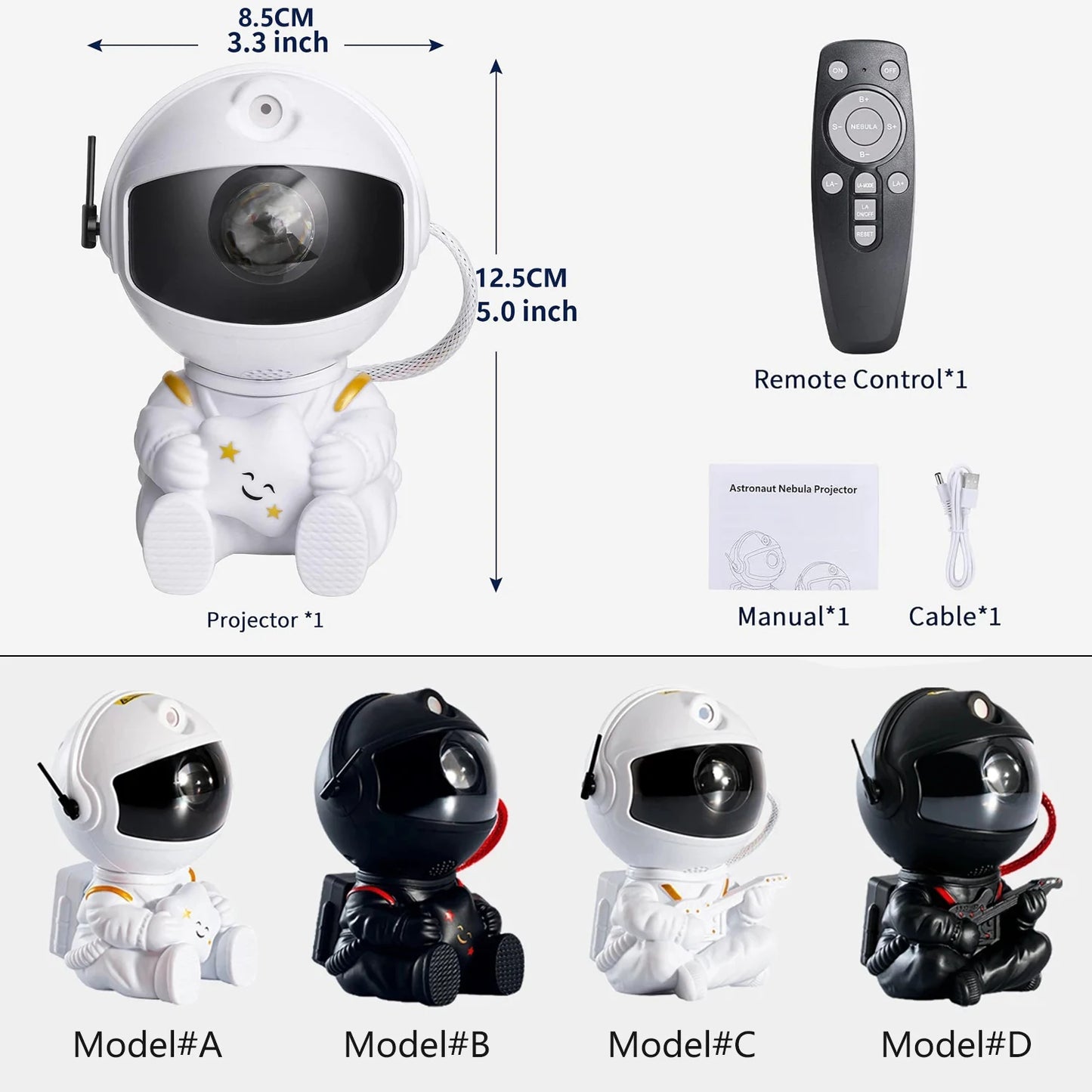 LumaNova Galaxy Star Projector Night Light White Astronaut Design Bedroom Decorative Projector