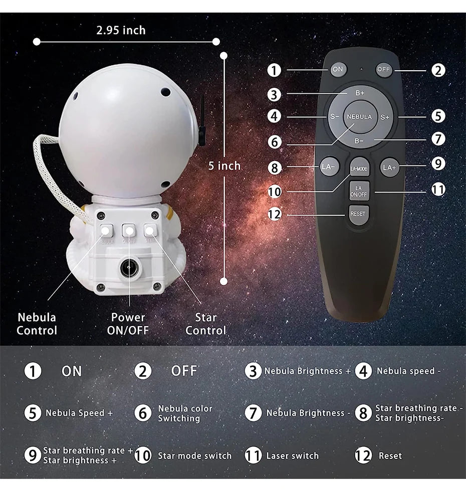 LumaNova Galaxy Star Projector Night Light White Astronaut Design Bedroom Decorative Projector